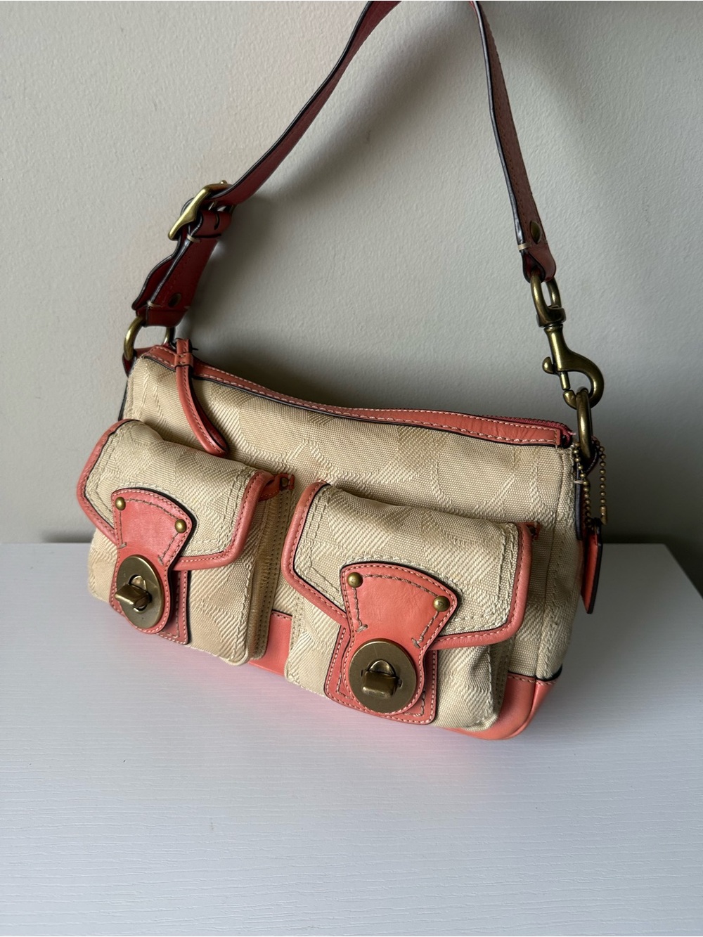 Coach Legacy 65th Anniversary F13102 Signature Turnlock Shoulder Bag Coral Pink